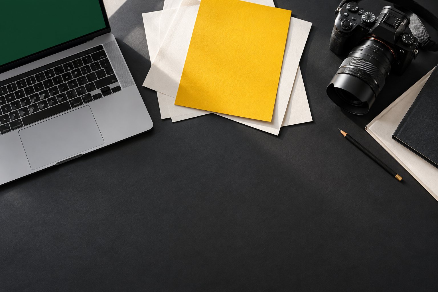 Ilustracja pracowni: aparat, papier i laptop na grafitowym stole